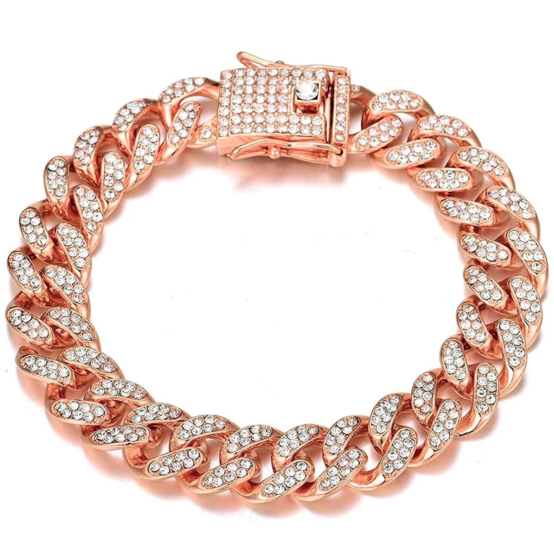 Metal Color: ROSE GOLD COLOR, Length: 35cm - Men Women Hip hop Iced Out Bling Chain Necklace High quality 13mm width Miami Cuban Chain HipHop Necklaces Fashion Jewelry