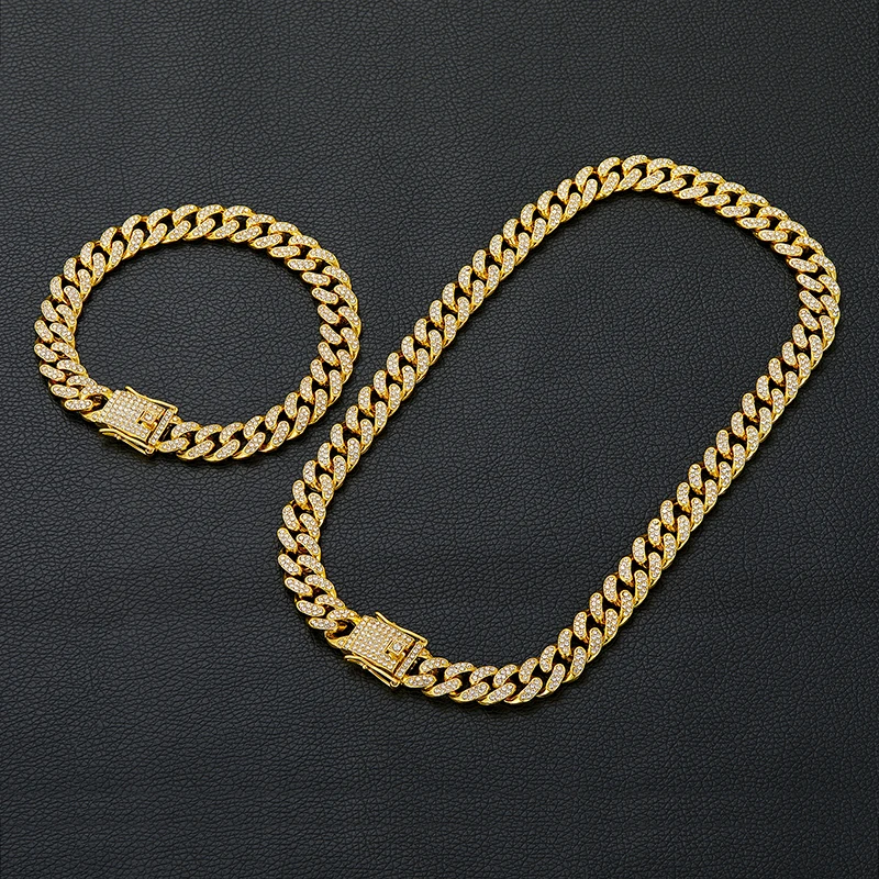 Metal Color: ROSE GOLD COLOR, Length: 35cm - Men Women Hip hop Iced Out Bling Chain Necklace High quality 13mm width Miami Cuban Chain HipHop Necklaces Fashion Jewelry