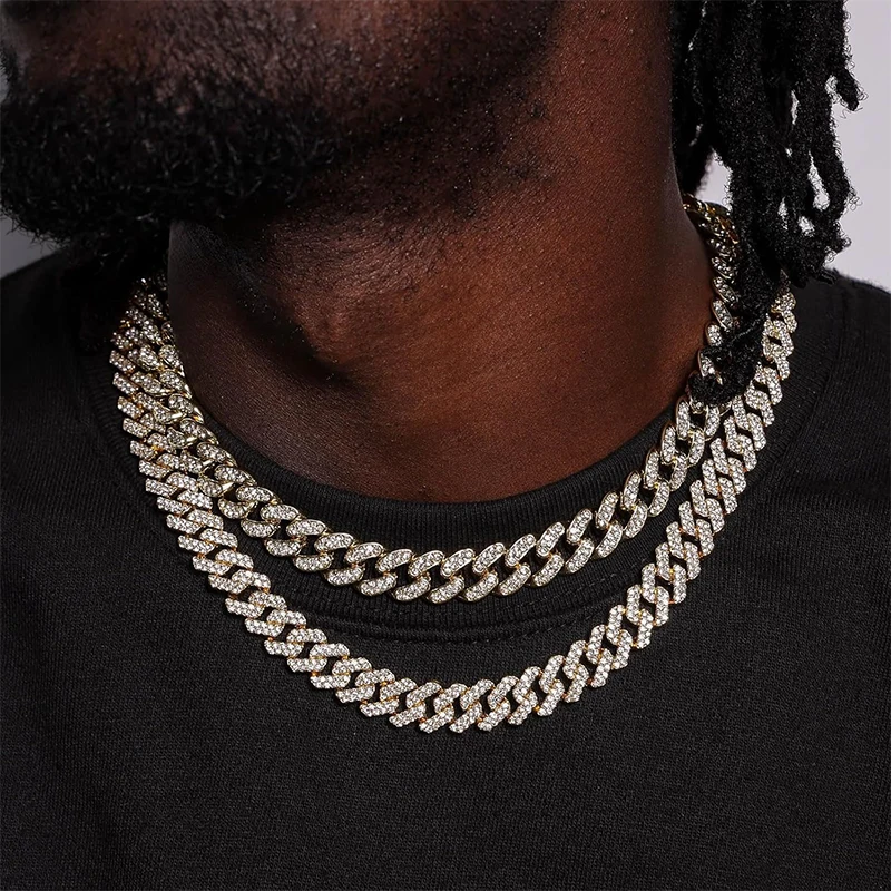 Metal Color: ROSE GOLD COLOR, Length: 35cm - Men Women Hip hop Iced Out Bling Chain Necklace High quality 13mm width Miami Cuban Chain HipHop Necklaces Fashion Jewelry