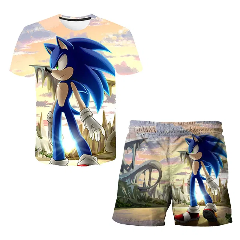 Color: Yellow, Size: 25cm - New Japanese cartoon Sonic T-shirt children's top T-shirt shorts two-piece set summer boy cartoon cute T-shirt+beach pants