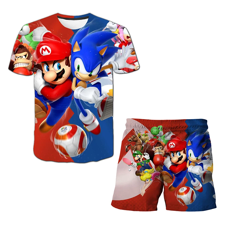 Color: Yellow, Size: 25cm - New Japanese cartoon Sonic T-shirt children's top T-shirt shorts two-piece set summer boy cartoon cute T-shirt+beach pants