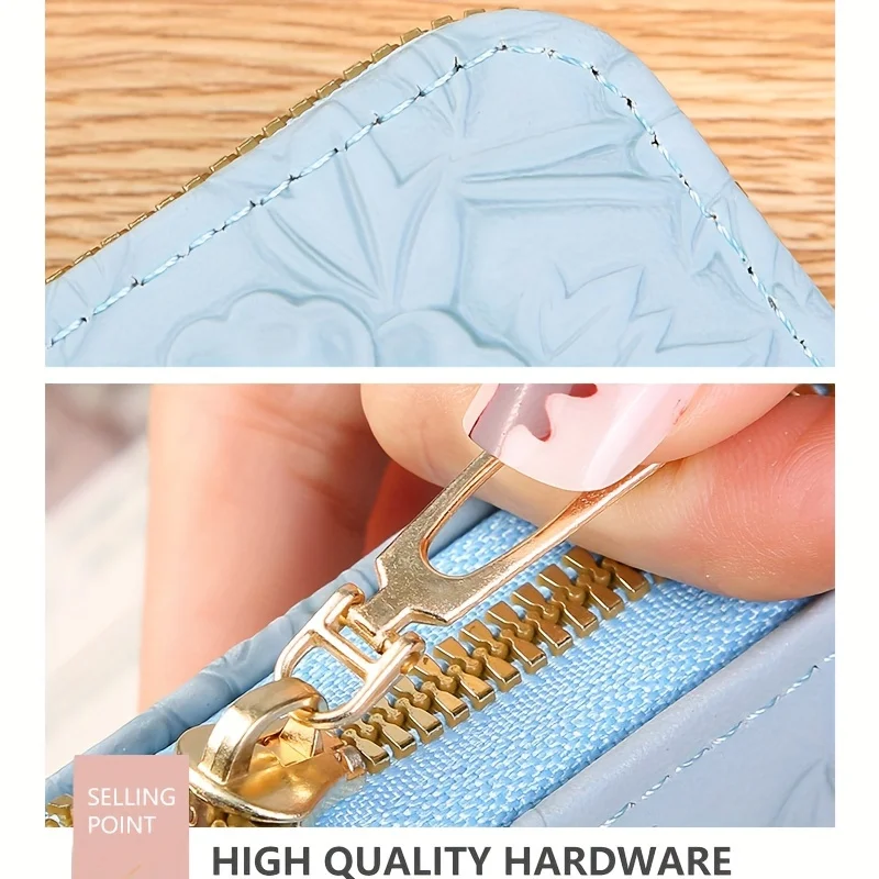 Color: Beige - Floral Embossed Long Wallet, PU Leather Credit Card Holder, Simple Trendy Phone Coin Clutch Purse For Women Hand-painted Wallet