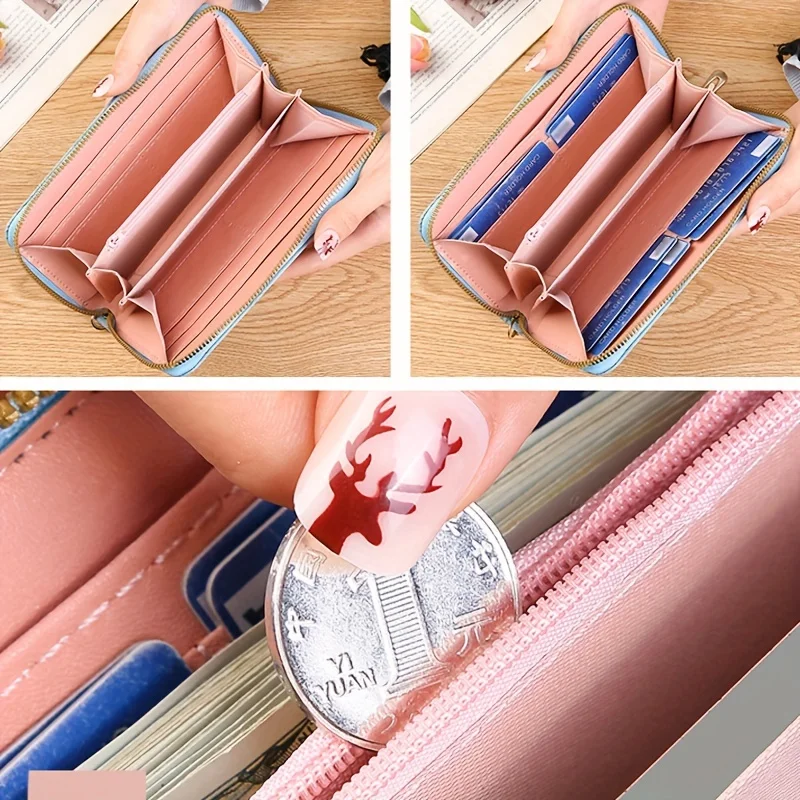 Color: Beige - Floral Embossed Long Wallet, PU Leather Credit Card Holder, Simple Trendy Phone Coin Clutch Purse For Women Hand-painted Wallet