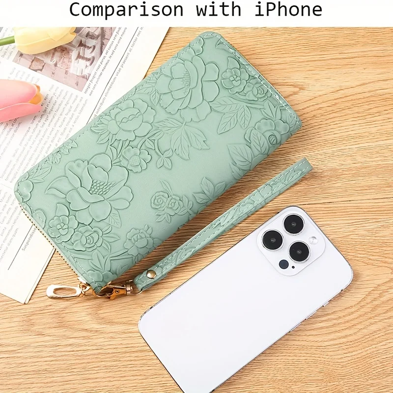 Color: Beige - Floral Embossed Long Wallet, PU Leather Credit Card Holder, Simple Trendy Phone Coin Clutch Purse For Women Hand-painted Wallet