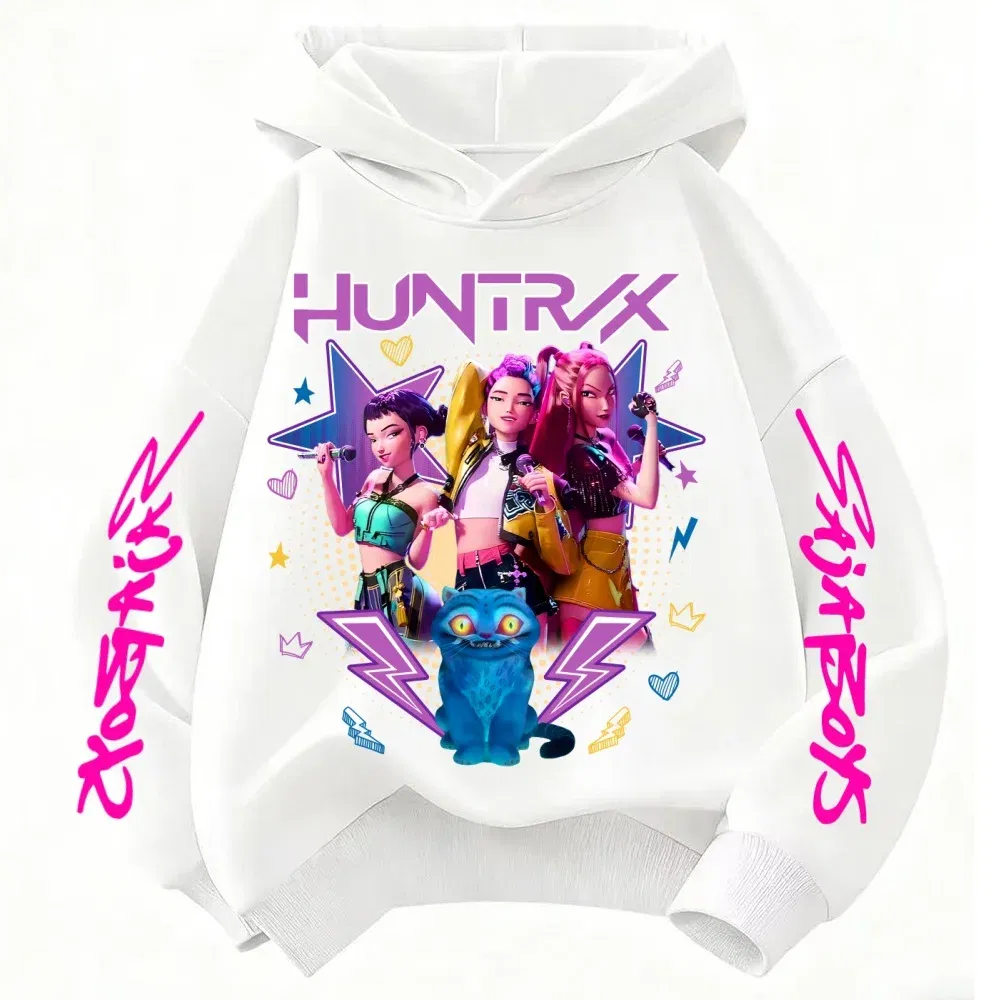 Color: WHITE, Kid Size: 7 - Demone Hunter Girl's Pink Hooded Streetwear Autumn Cute Anime Baby Pullover Kids Y2K Kawaii Long Sleeved T-shirt Casual Clothes