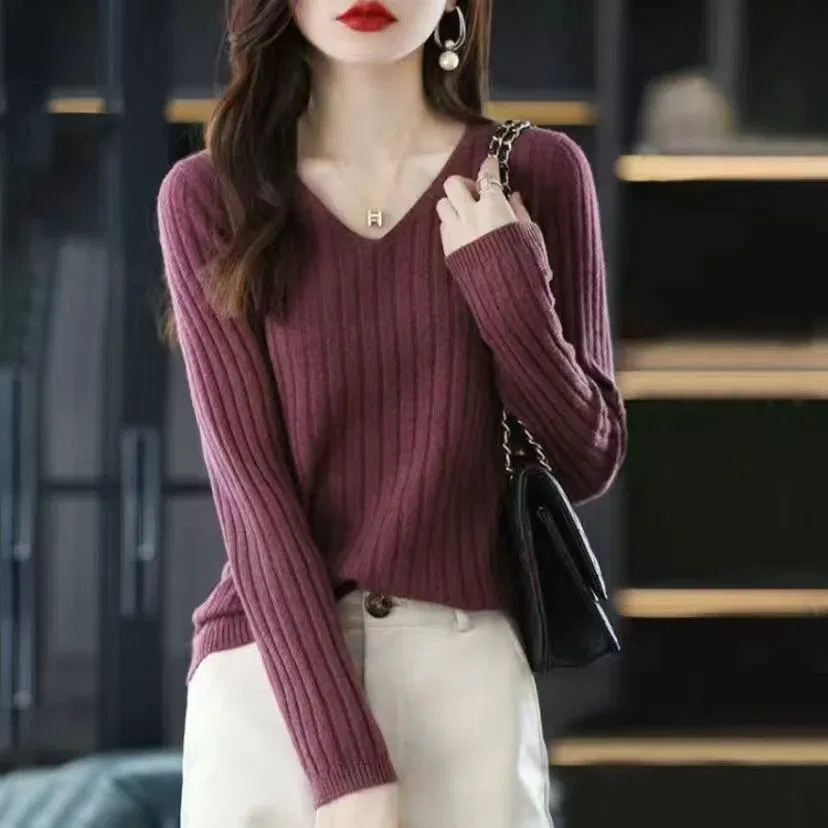 Color: Dark Grey, Size: L - Women Sweater Long Sleeve Top Knitted Pullover V-Neck Fashion Sweater Woman Winter Basic Female Clothing Soild OL Sweater DF4933