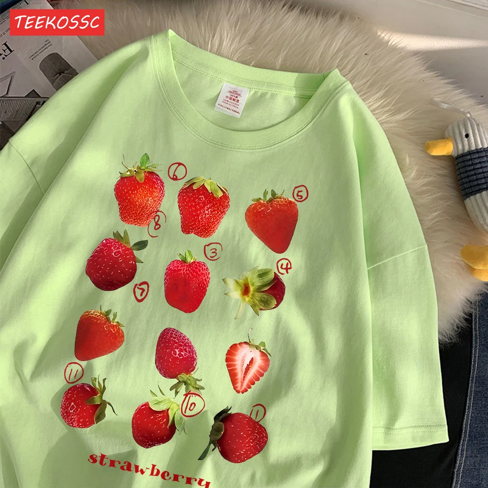 Color: Blue, Size: XXL - 100% Cotton Women T-shirt Cute Fresh Strawberries Printed Tee Shirt Summer Comfortable Loose Tops Street Fashion Female Clothes