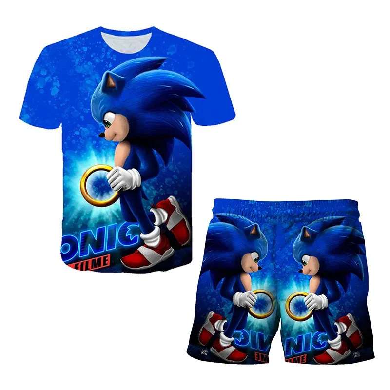 Color: DEEP BLUE, Size: 40cm - New Japanese cartoon Sonic T-shirt children's top T-shirt shorts two-piece set summer boy cartoon cute T-shirt+beach pants