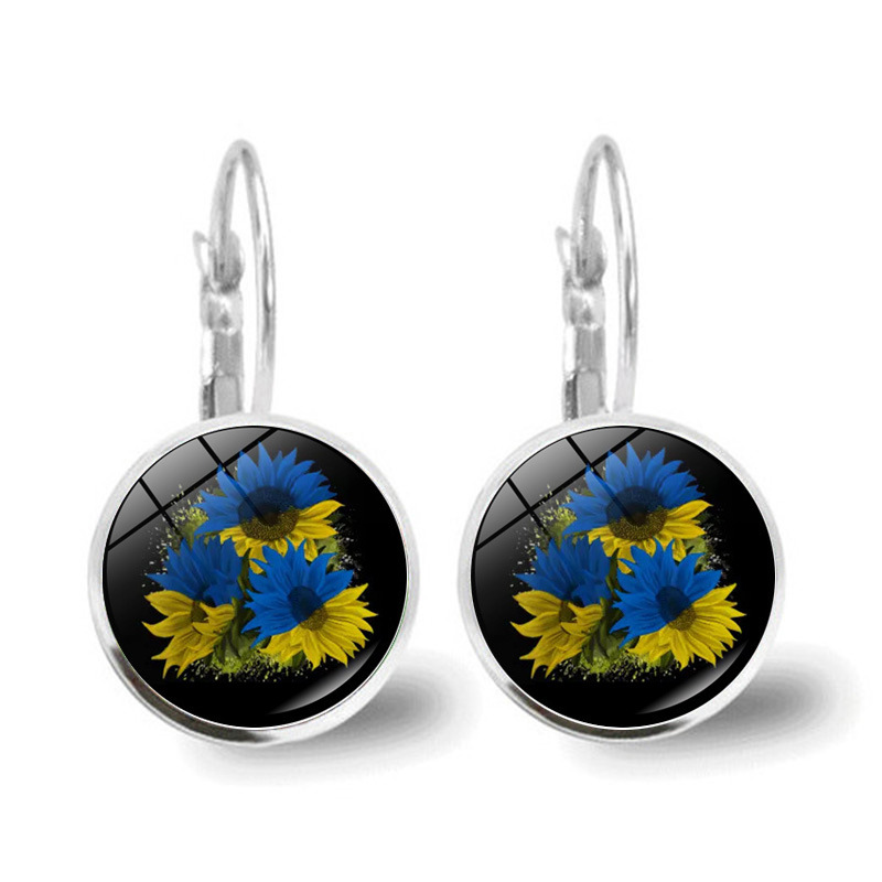 Metal Color: Red Wine - Ukrainian Element Earrings Women's Simple and Versatile Yellow and Blue Sunflower Butterfly Earrings Earrings Temperament