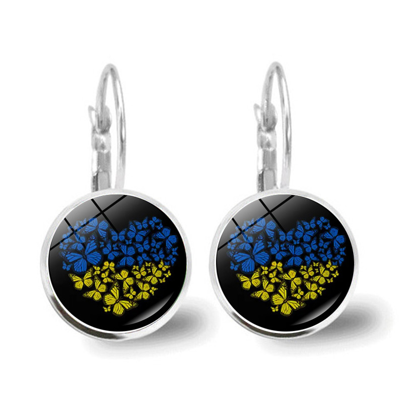 Metal Color: Red Wine - Ukrainian Element Earrings Women's Simple and Versatile Yellow and Blue Sunflower Butterfly Earrings Earrings Temperament