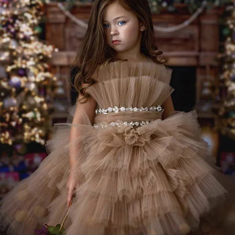 Kid Size: 9, Color: Coffee - Baby Girls Princess Dress Sleeveless High Waist Children Mesh Tutu Dresses Girls Birthday Party Clothing Kids Wedding Dress New