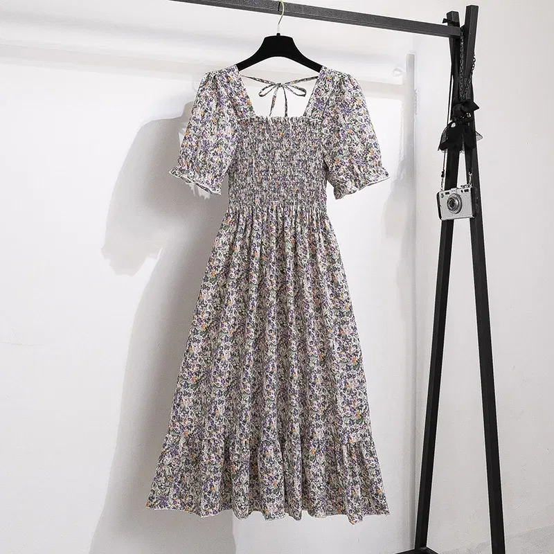 Color: PURPLE, Size: One Size - Summer Pleated Women Chiffon Dresses Casual Beach Holiday Short Sleeve Square Collar Woman Midi Dress Bohemian Mujer Vestidos