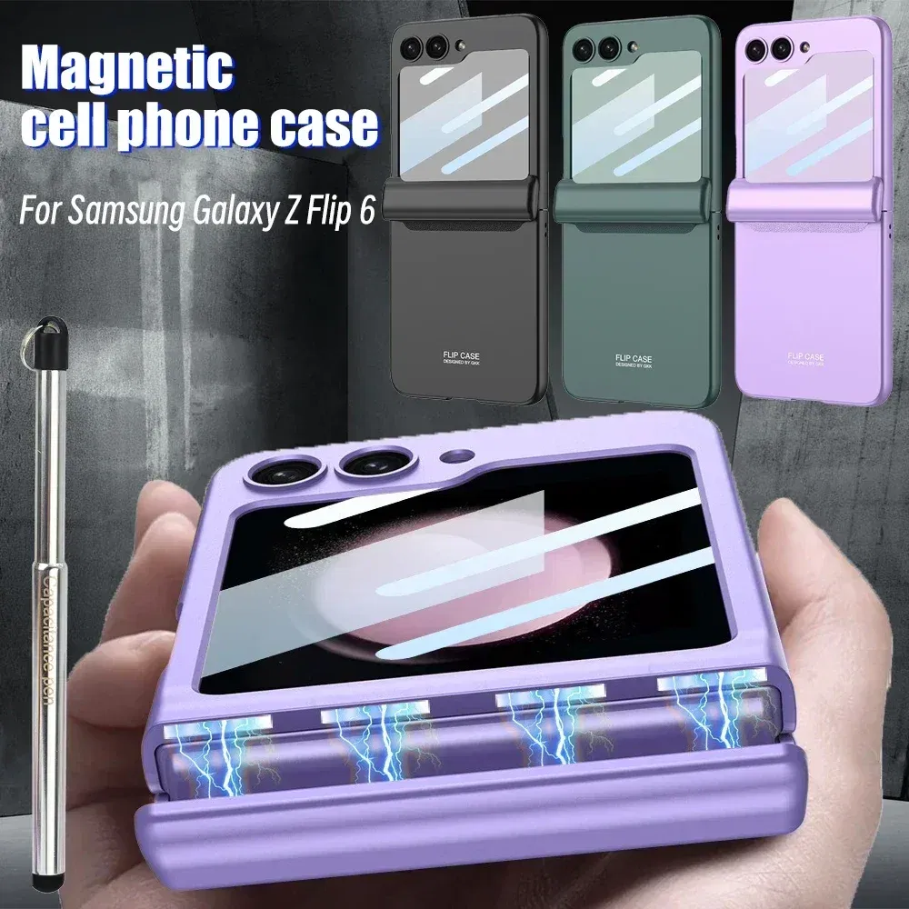 Color: Beige, Bundle: Case & Screen Protector - For Samsung Galaxy Z Flip 6 Magnetic Phone Case with Stylus Pen Hinge Protection Drop-Proof Protective Shell for Z Flip6 Covers