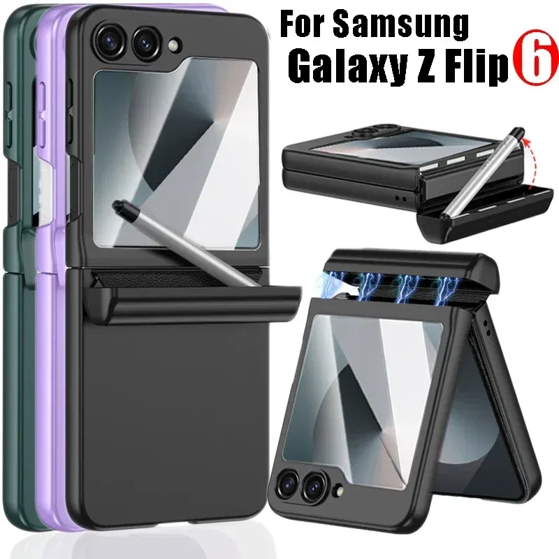 Color: Beige, Bundle: Case & Screen Protector - For Samsung Galaxy Z Flip 6 Magnetic Phone Case with Stylus Pen Hinge Protection Drop-Proof Protective Shell for Z Flip6 Covers