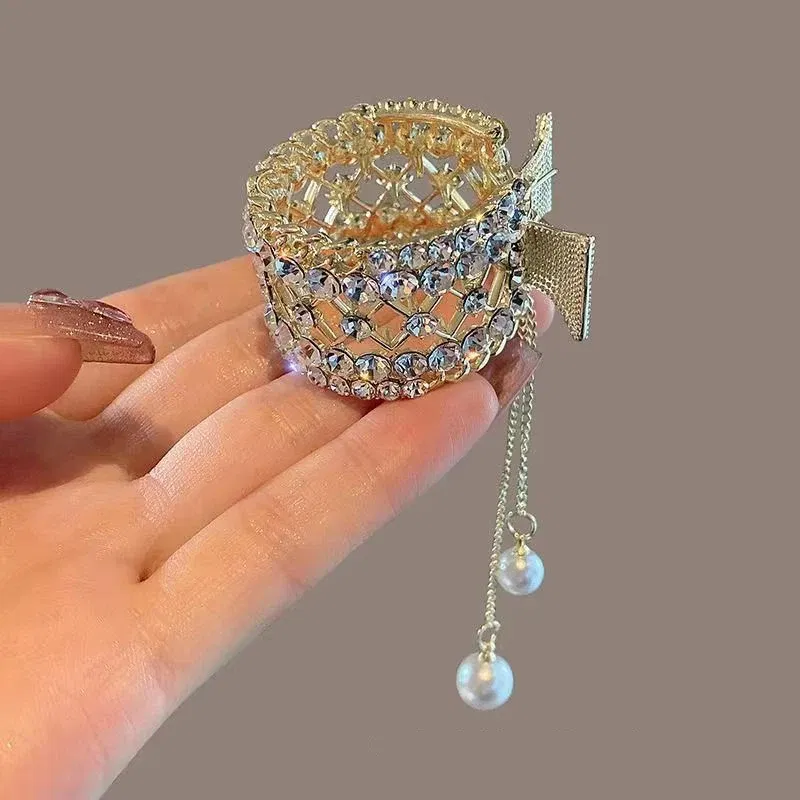 Color: Lavender - Fashion Rhinestone Tassel Pearl Hair Claws Flowers Hair Clip Women Barrettes Ponytail Holder Hairpins Hair Accessories Gifts