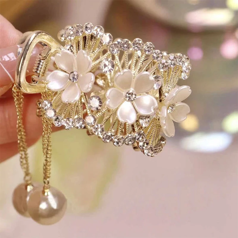 Color: Lavender - Fashion Rhinestone Tassel Pearl Hair Claws Flowers Hair Clip Women Barrettes Ponytail Holder Hairpins Hair Accessories Gifts