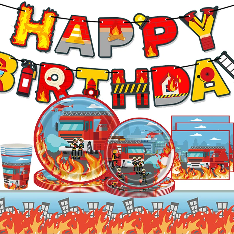 Color: PURPLE - Fireman Fire Truck Party Disposable Tableware Plates Cups Napkins Tablecloth Birthday Banner Fire Rescue Birthday Decoration