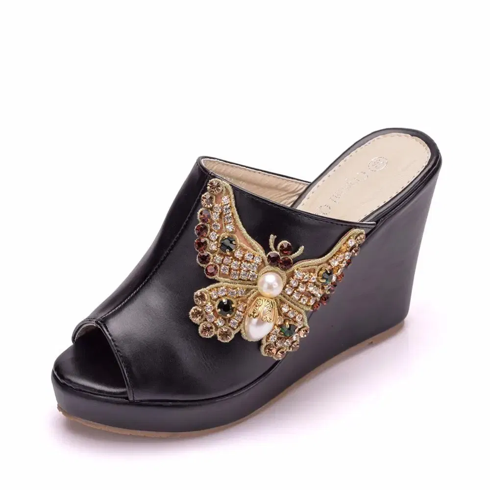 Color: black, Shoe Size: 38 - Crystal Queen 10cm Peep Toe Platform Wedges Slippers High Heels Beach Sandals Women