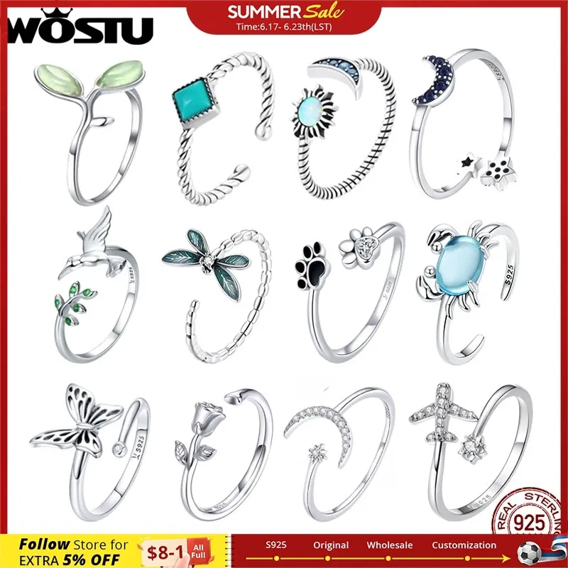 Gem Color: MAROON, Ships From: CHINA - WOSTU Real 925 Sterling Silver Open Ring Finger Adjustable Size Wedding Rings For Women Engagement Fashion Silver Jewelry Gift