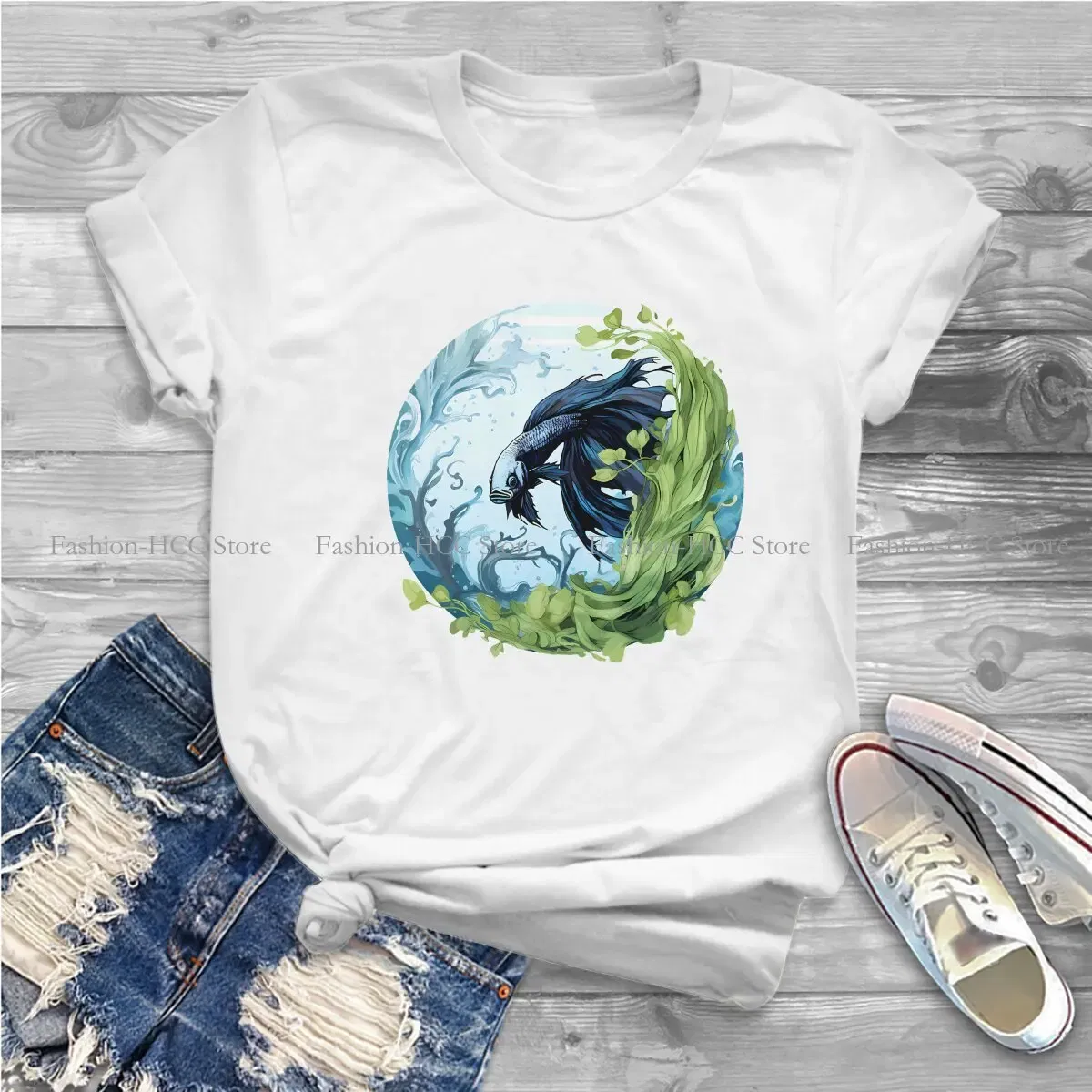 Color: black, Size: XL - Betta In A Bubble Hip Hop Polyester TShirt Fish Funny Cartoon Style Tops Leisure T Shirt Female Short Sleeve