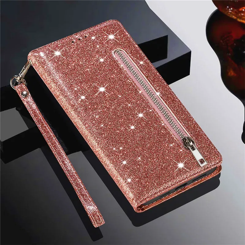 Color: Beige, Material: Genuine leather - Zipper Flip Wallet Glitter Leather Case for iPhone 16 15 14 13 12 11 Pro Max XS XR 8 7 Plus SE 2022 Mini Bling Stand Phone Cover