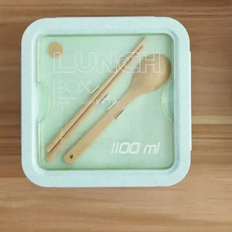 Color: green - 850/1100ML wheat straw lunch box bento box Microwave oven Students with lid canteen simple lunch box rectangular portable