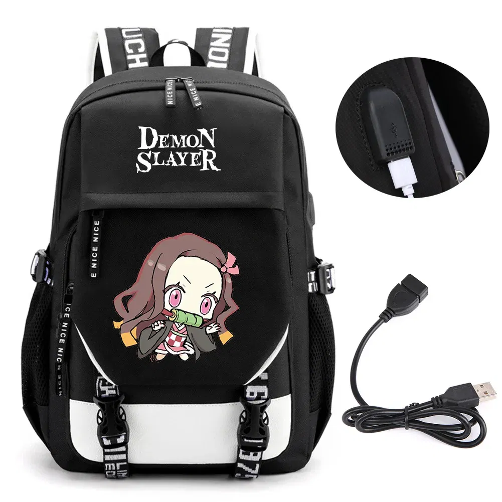 Color: Pink - Anime Demon Slayer Kamado Nezuko Backpack School Book Bags Mochila Travel USB Port Bag Laptop Boy Girls Gift