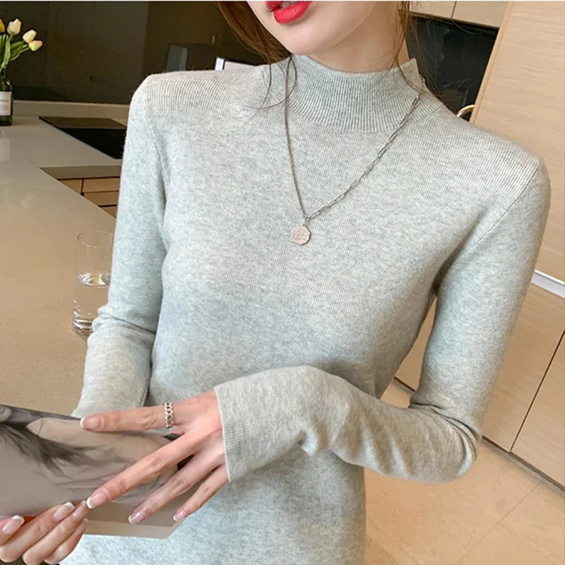 Color: Blue, Size: One Size - Turtleneck Sweater Women Fashion New Stretch Tops Women Knitted Pullovers Long Sleeve Bottoming Knitted Sweater