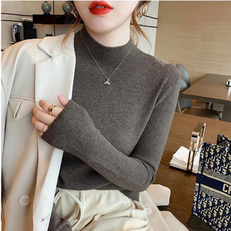 Color: Blue, Size: One Size - Turtleneck Sweater Women Fashion New Stretch Tops Women Knitted Pullovers Long Sleeve Bottoming Knitted Sweater