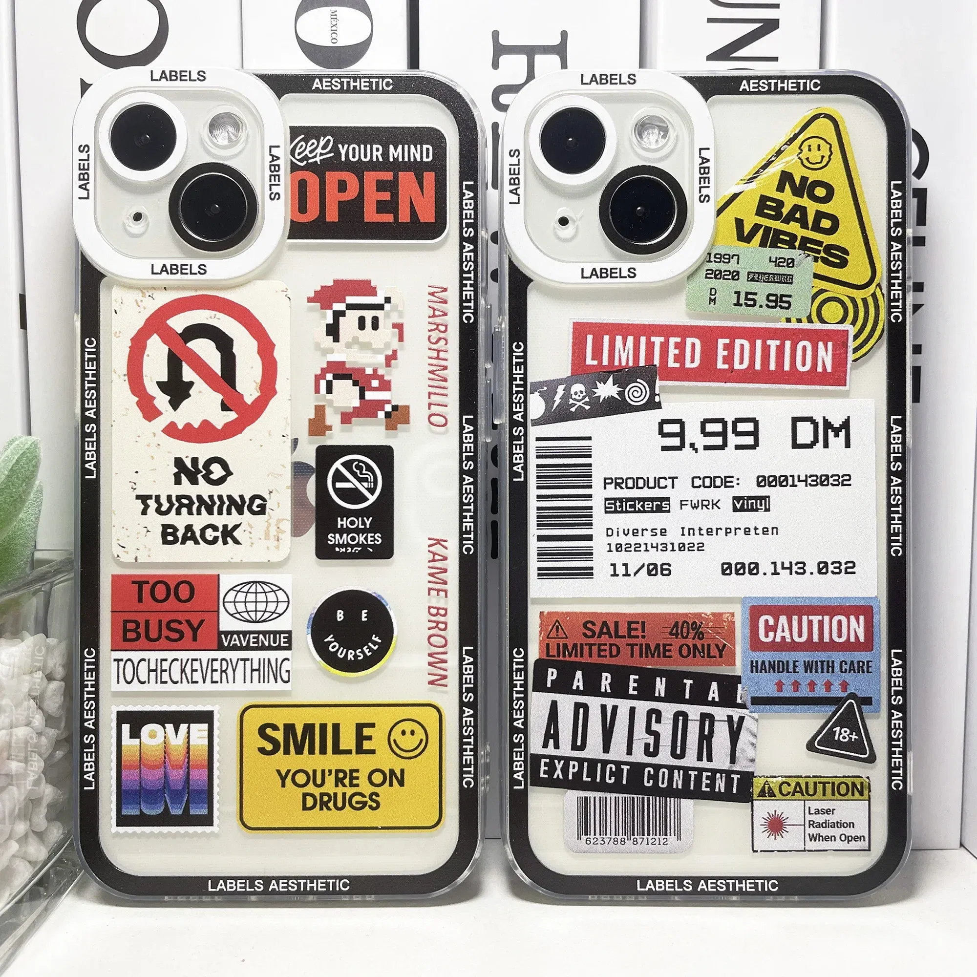 Color: black, Material: leather - Mix Labels Aesthetic Stickers Collage Phone Case For iPhone 16 15 14 13 12 11 Pro Max Mini XS X XR SE 7 8 Plus Clear Soft Cover