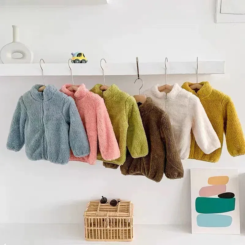 Color: Dark Grey, Kid Size: 12M - Child Autumn Winter Costume Solid Color Outerwear Casual Loose Long Sleeve Tops Plush Jacket Boys Girls Fashion Simple Coats