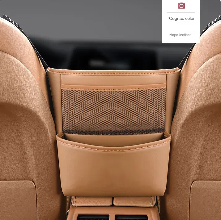 Color Name: GRAY - Car Handbag Holder Between Seats Mutifuntional Leather Auto Seat Middle Storage Bag Hanging Tissue Box Phone Cup Map Organizer