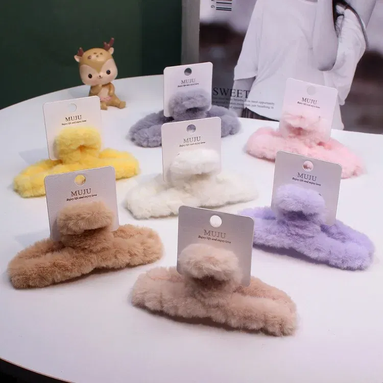 Color: Yellow - Advanced Sense Card Hair Clip Korea Autumn and Winter Hair Clip Sweet and Gentle Wind Back Hair Grab Plush Shark Clip