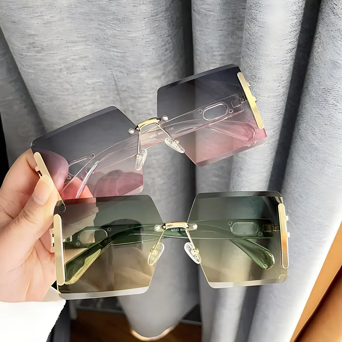 Frame Color: Gold, Lenses Color: Green - 1pair Square Sunglasses For Men And Women Rimless Cut Edge Retro Glasses Y2K Luxury Holiday Accessories Fashionable Sunscreen