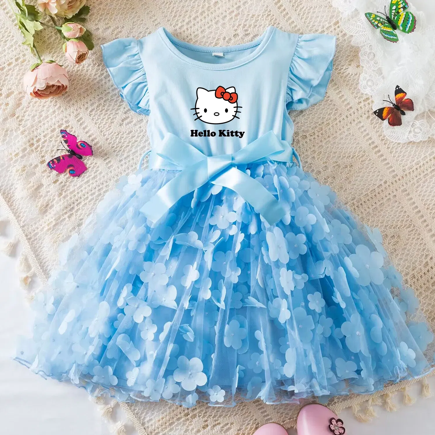 Color: Burgundy, Size: L - Hello Kitty Summer Dress for Kid's Casual Clothes 3D Butterfly Cute Baby Girls Princess Dress Party Dresses 2-6 Yrs
