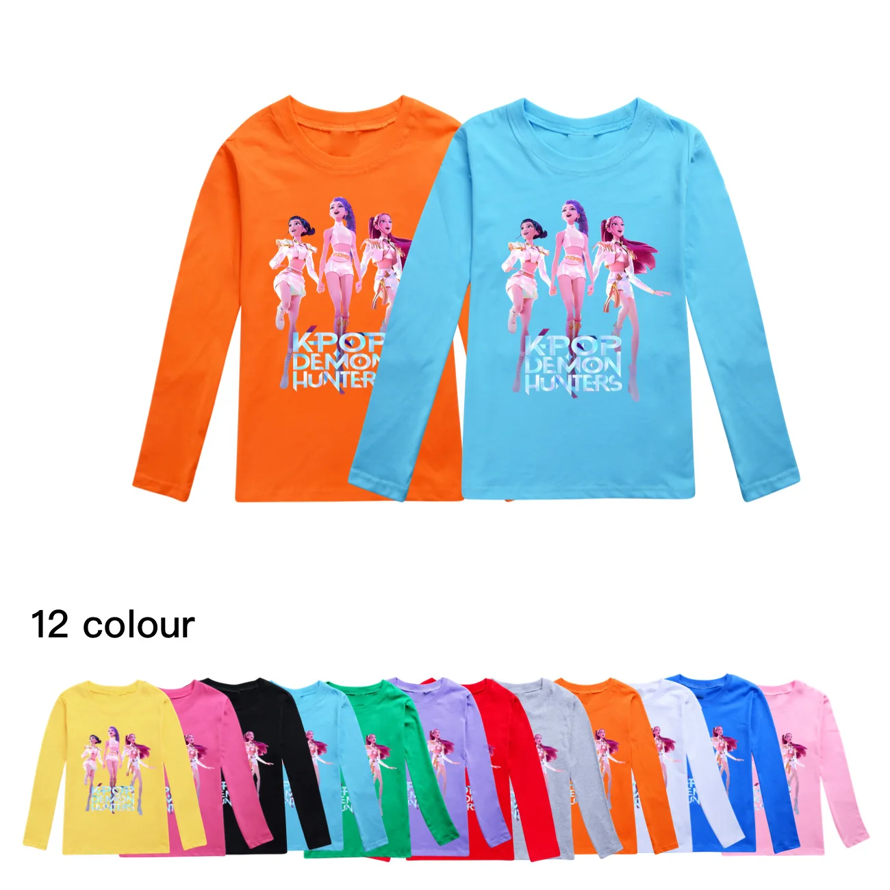 Color: Blue, Kid Size: 8 - KPop Demon Hunters Huntrix Tshirt Kids Clothes Teenage Boys O-Neck Cartoon Casual T-shirts Girls Long Sleeve Tops Child Clothing