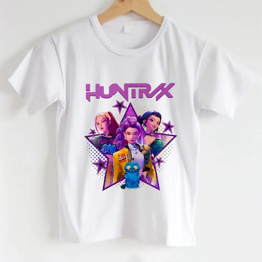 Color: Pink, Kid Size: 12 - KPOP Hunters Anime series pattern Girl T-shirt, Huntrix girl Group cute T-shirt