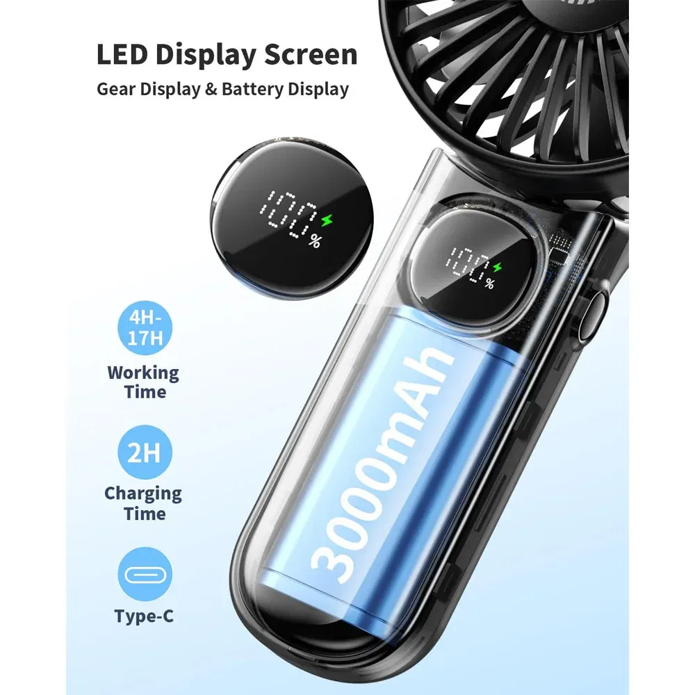Color: black - coldSky Handheld Fan Foldable Portable Fan with LED Display 3000mAh Battery Operated Mini Hand Held Fan for Travel Beach Outdoor
