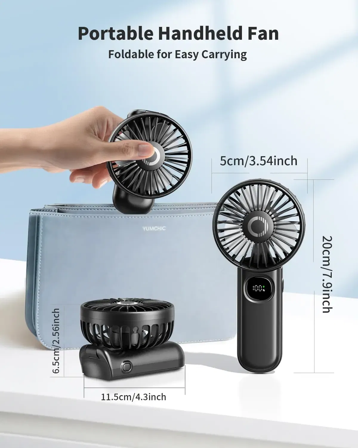Color: black - coldSky Handheld Fan Foldable Portable Fan with LED Display 3000mAh Battery Operated Mini Hand Held Fan for Travel Beach Outdoor
