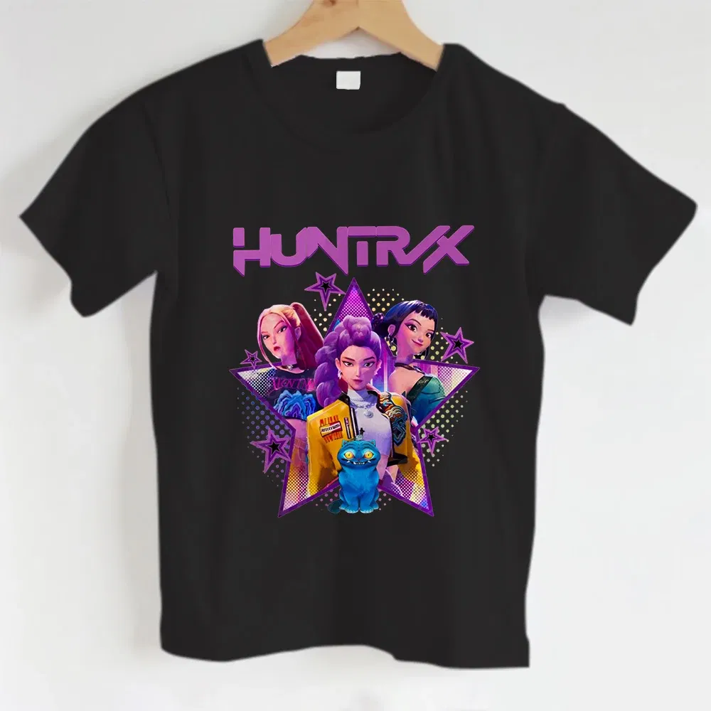 Color: Gold, Kid Size: 11 - KPOP Hunters Anime series pattern Girl T-shirt, Huntrix girl Group cute T-shirt