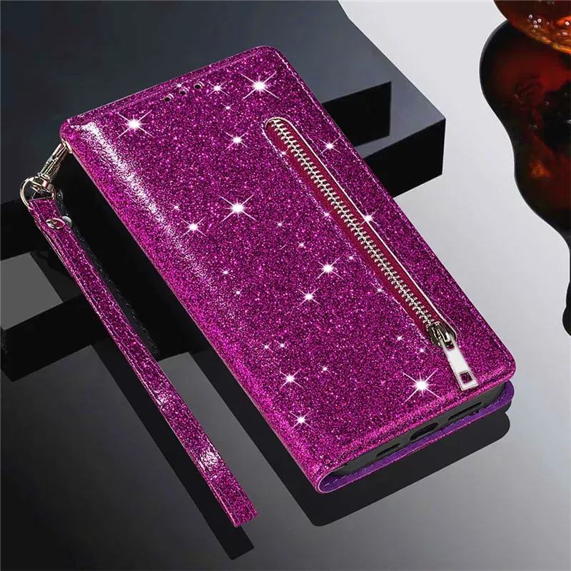Color: PURPLE, Material: tpu - Zipper Flip Wallet Glitter Leather Case for iPhone 16 15 14 13 12 11 Pro Max XS XR 8 7 Plus SE 2022 Mini Bling Stand Phone Cover