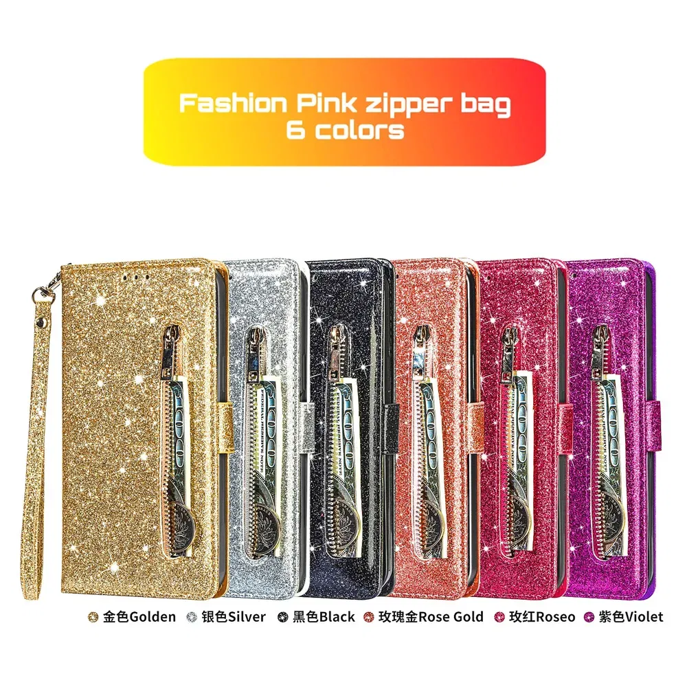 Color: PURPLE, Material: tpu - Zipper Flip Wallet Glitter Leather Case for iPhone 16 15 14 13 12 11 Pro Max XS XR 8 7 Plus SE 2022 Mini Bling Stand Phone Cover