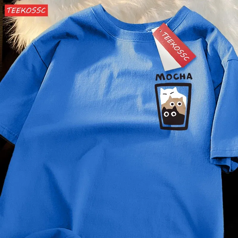 Color: ROYAL BLUE, Size: XXXL - Mocha Latte Couple Outfit Cat Coffee Couple Male T-Shirts Graphic Cool Tee Shirt High-Quality Oversized Tshirt Comfort Soft