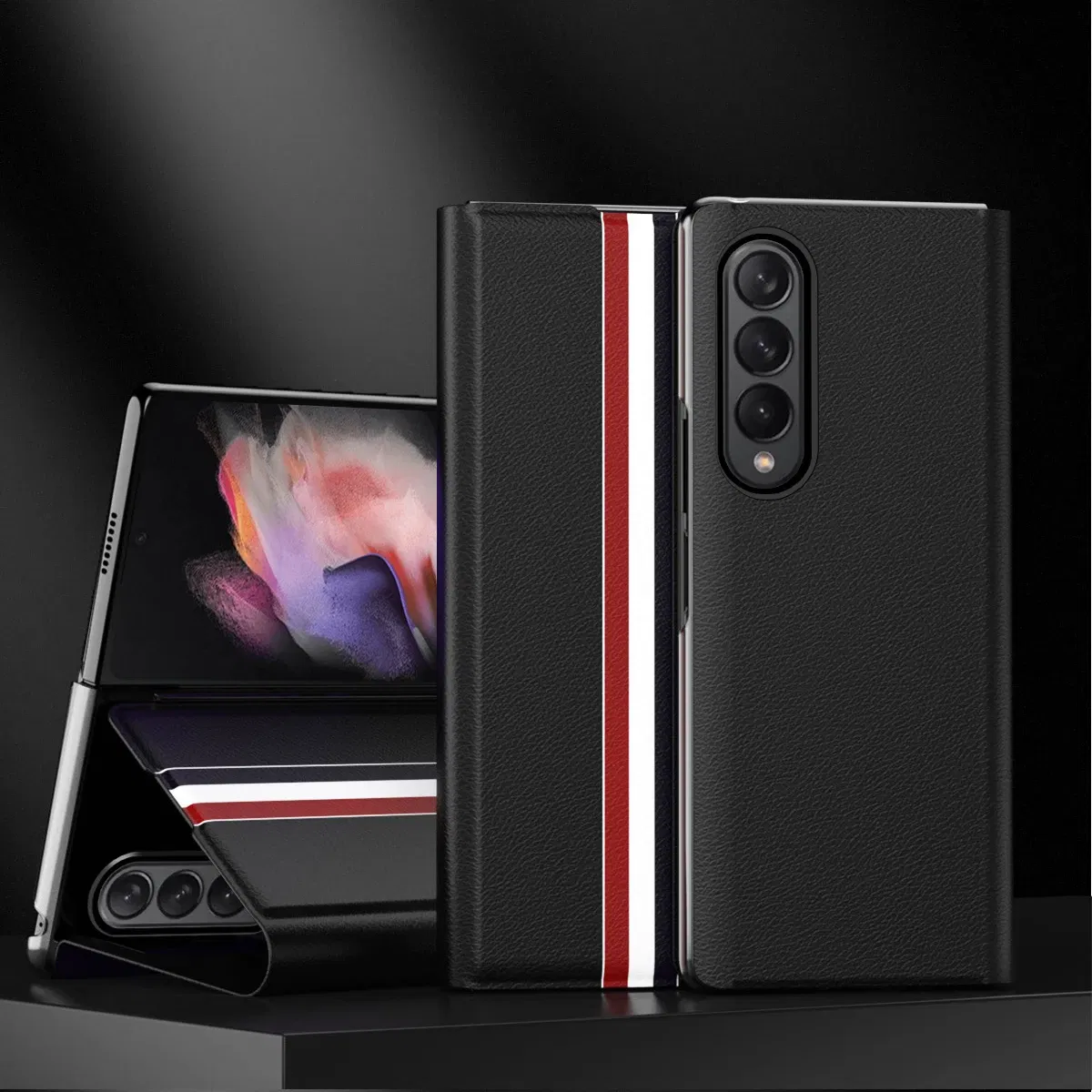 Color: black, Material: aluminum - Leather Wallet Function Case for Samsung Galaxy Z Fold 6 5 3 2 fold6 fold5 Fold4 Fold 4 5G Fold3 Fold2 Full Protection Bag Cover