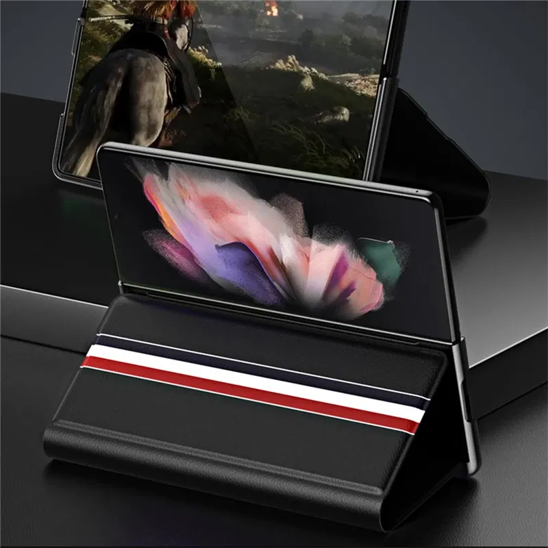 Color: black, Material: aluminum - Leather Wallet Function Case for Samsung Galaxy Z Fold 6 5 3 2 fold6 fold5 Fold4 Fold 4 5G Fold3 Fold2 Full Protection Bag Cover