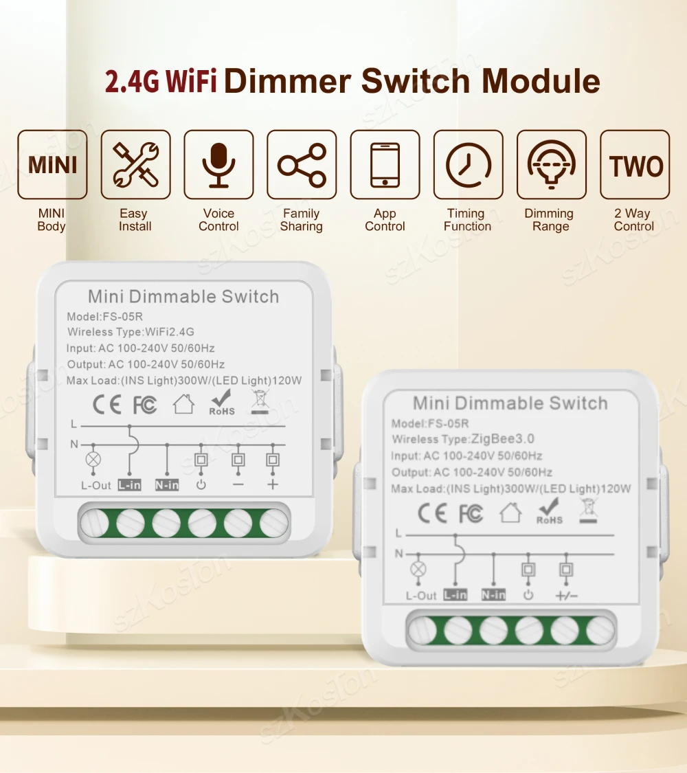 Color: Beige - Tuya ZigBee WiFi Smart Dimmers Switch Module Supports 2 Way Control LED Lights Dimmable Switch Works with Alexa Google Home