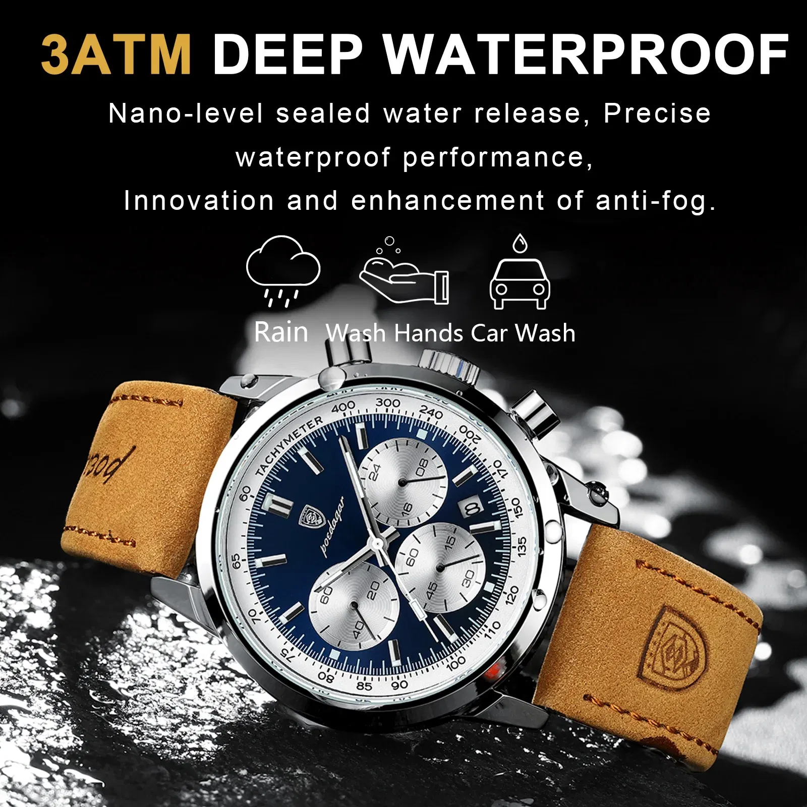 Color: Coffee - POEDAGAR Man Wristwatch Luxury Sport Genuine Leather Men Quartz Watch For Men Chronograph Waterproof Luminous Date Men's Watches