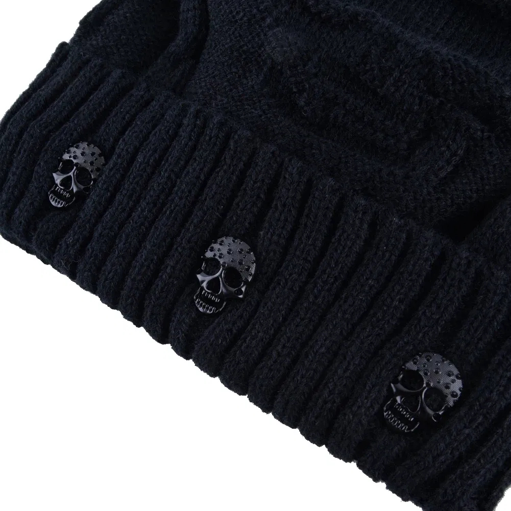 Color: black, Size: 56/57 - Winter Beanies Men Knitted Skull Pattern Solid Color Hat With Metal Skulls Skullies Beanies Men's Knit Thick Hats Add Velvet