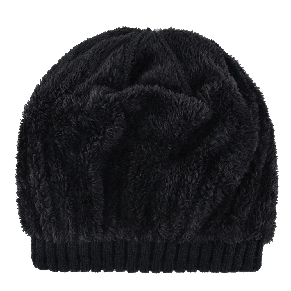 Color: black, Size: 56/57 - Winter Beanies Men Knitted Skull Pattern Solid Color Hat With Metal Skulls Skullies Beanies Men's Knit Thick Hats Add Velvet
