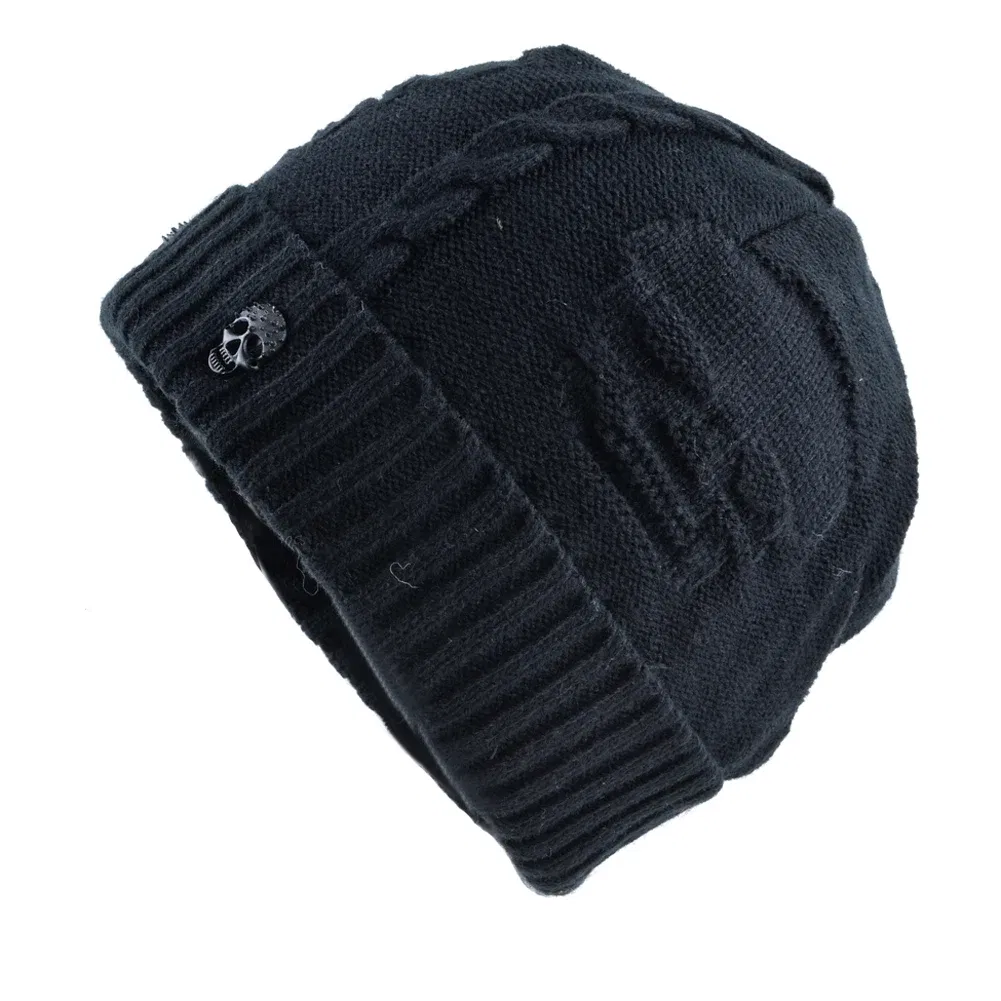 Color: black, Size: 56/57 - Winter Beanies Men Knitted Skull Pattern Solid Color Hat With Metal Skulls Skullies Beanies Men's Knit Thick Hats Add Velvet